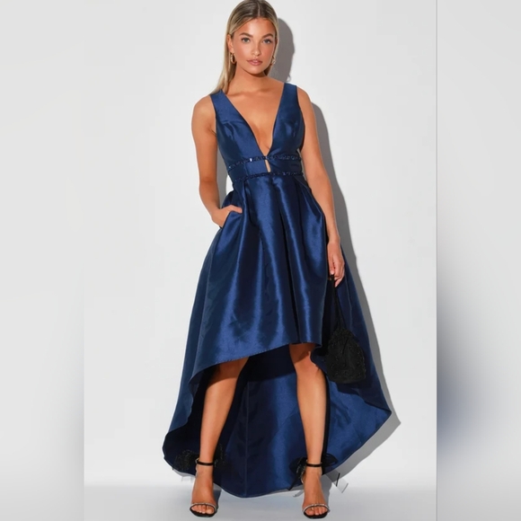 LuLus Navy Blue Beaded High-Low Maxi Dress NWT Size M